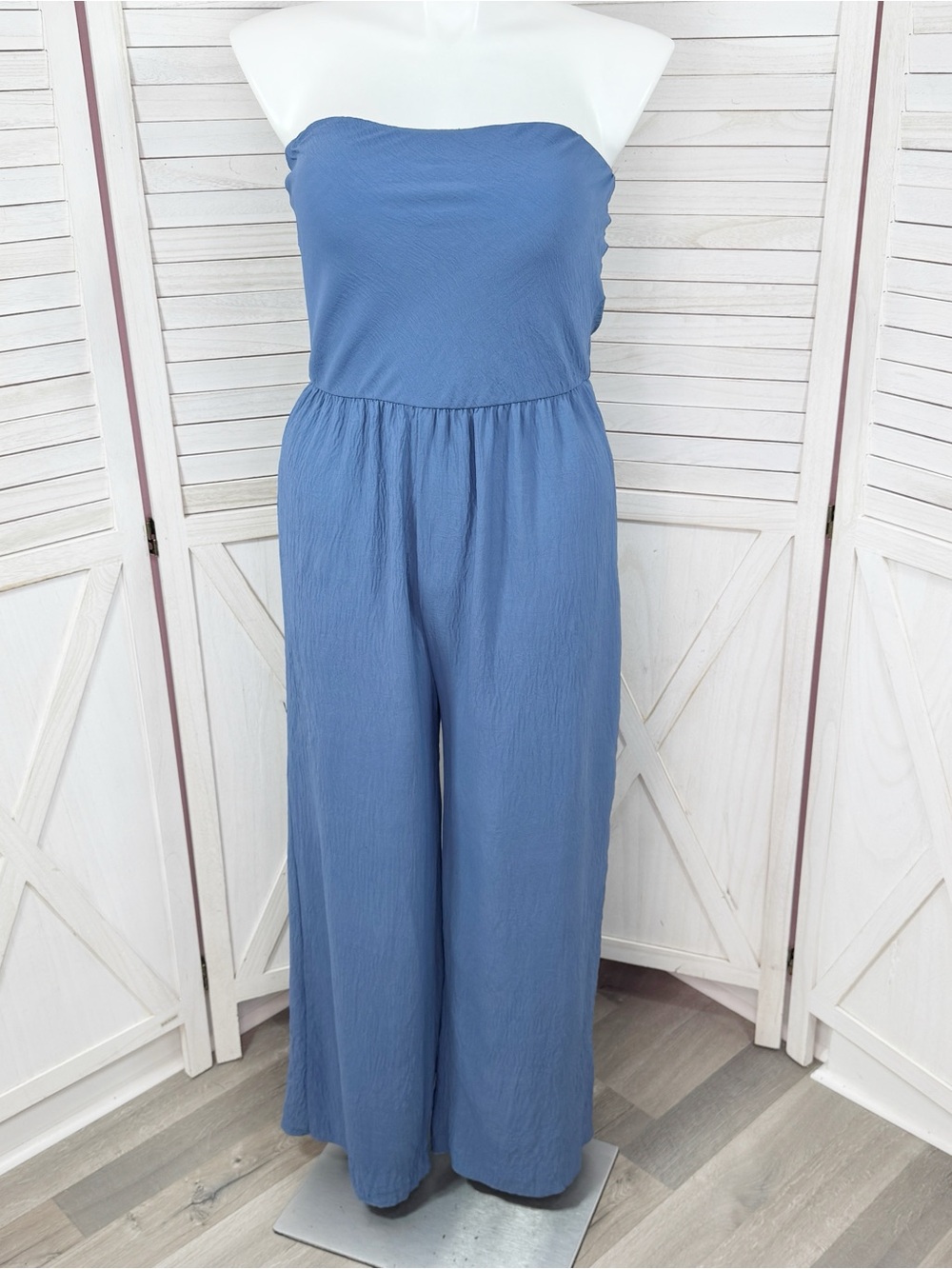 See You Monday Strapless wide Leg Jumpsuit Steel Blue XL Resort Minimalist